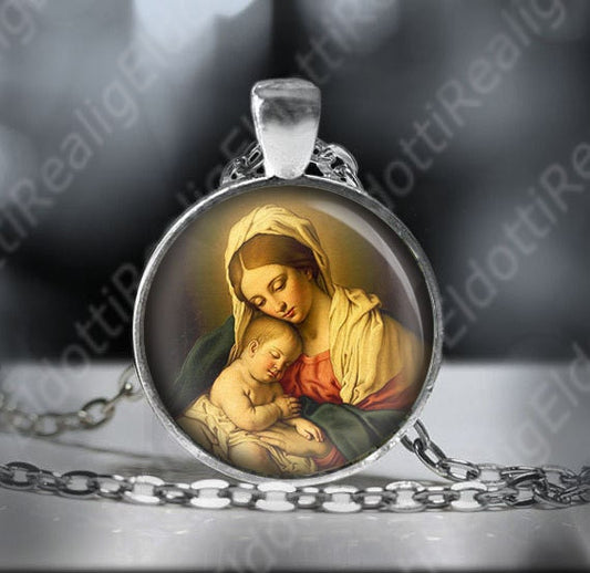 Our Blessed Virgin Mother Mary w Baby Jesus Necklace. Catholic Religious Pendant