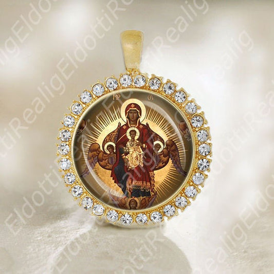 Veneration Theotokos Virgin Mary Christian Medal Orthodox Pendant. Gold Tone Jewelry.