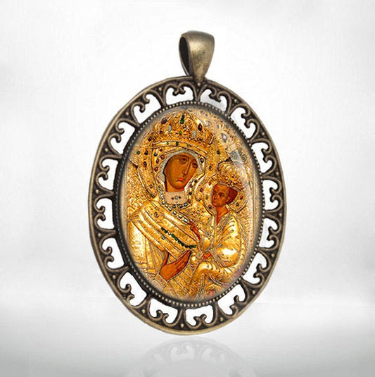 Tikhvin Theotokos Virgin Mary Pendant The Tale of Miracles Orthodox Medal Bronze Jewelry