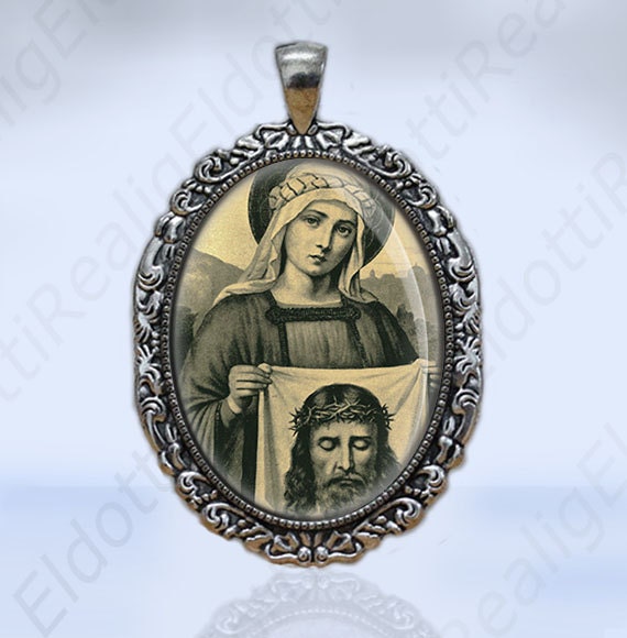 St. Veronica and The Holy Face Jesus Christian Catholic Medal Sepia Color Victorian Style Pendant