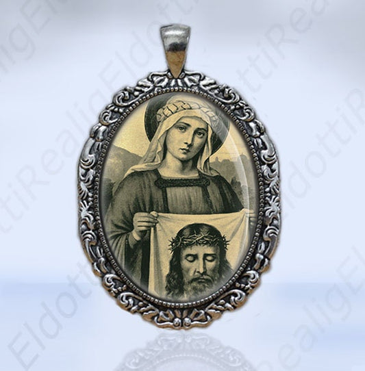 St. Veronica and The Holy Face Jesus Christian Catholic Medal Sepia Color Victorian Style Pendant