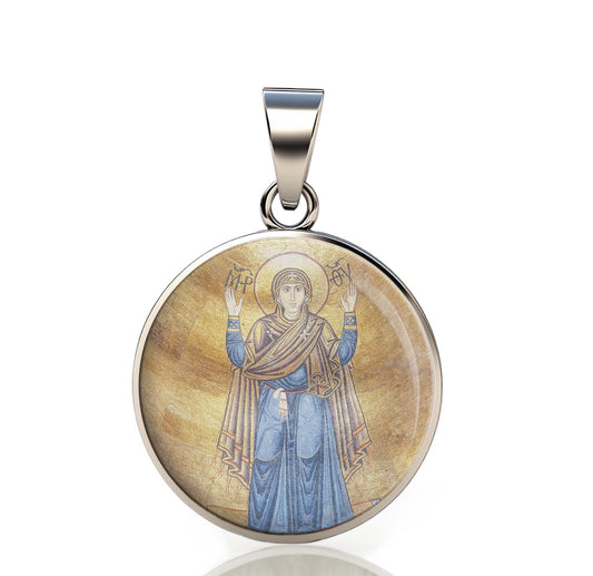 Our Lady Oranta Kyiv 925 Sterling Silver Round Pendant Christian Religious Medal Small 20mm