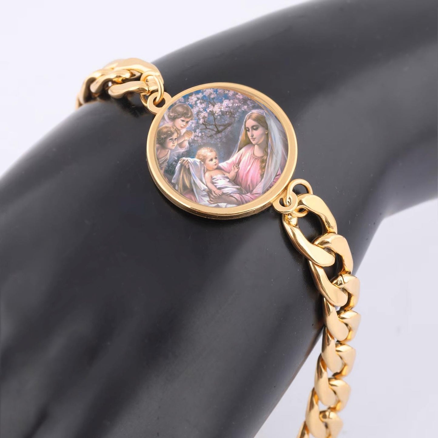 Our Lady Mary Curb Bracelet Gold or Silver tone Religious Jewelry Simple Chain