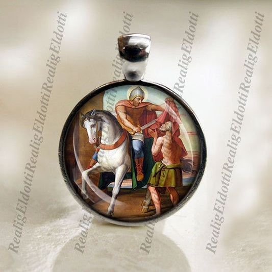 St Martin of Tours Religious Catholic Medal Pendant Charm Cabochon with Glass Dome