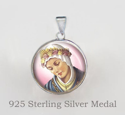 Our Lady of La Salette Religious Christian Medal. Religious Pendant /Charm Cabochon. 925 Sterling Silver