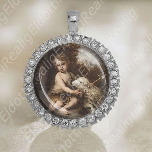 Infant Saint John the Baptist and Lamb Christian Catholic Medal Silver Tone