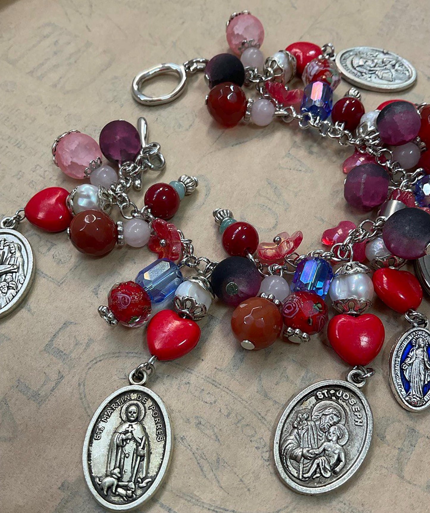 Immaculate Mary and Sacred Heart Jesus Catholic Religious Handmade Bracelet with Gemstones