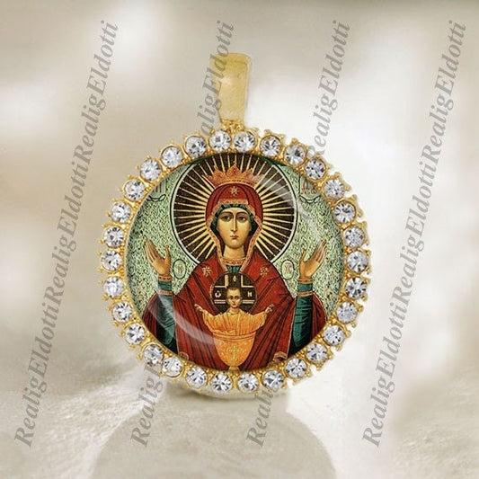 The Theotokos Virgin Orans, Oranta Religious Christian Orthodox Church Icon Gold Medal Pendant Jewelry