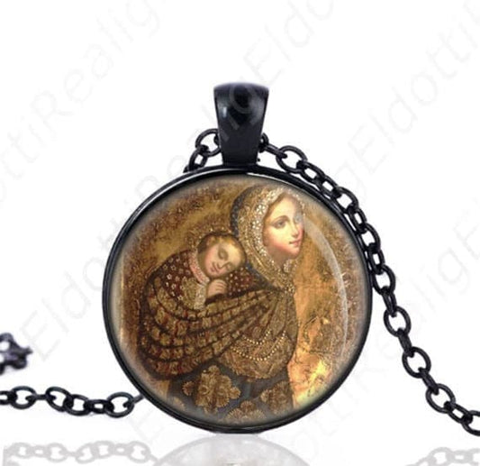 Babywearing Mother Mary And Child Black Necklace Catholic Madonna Sling Medal Religious Pendant Jewelry