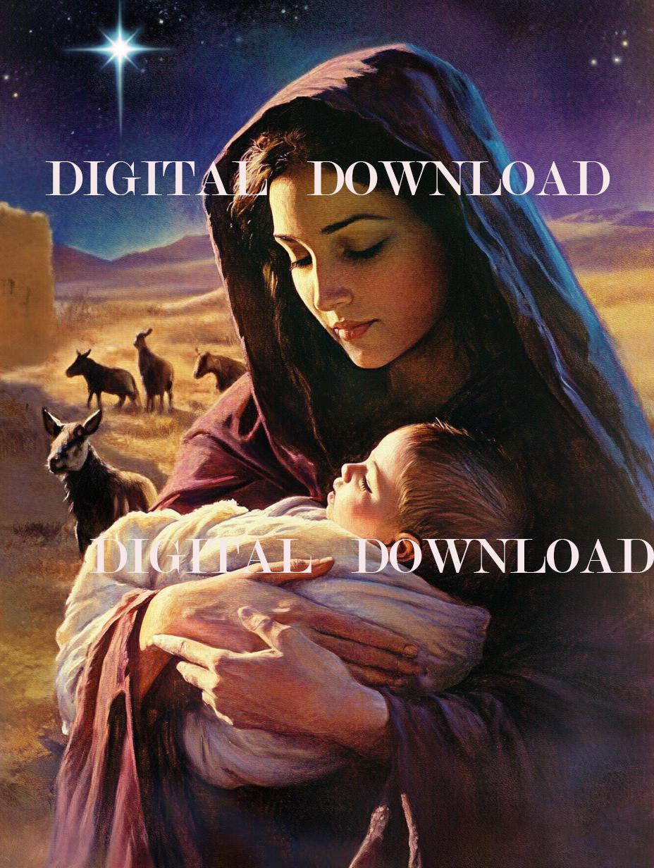 Mother Mary and Newborn Jesus Nativity Print Religious Art Digital Image image 0