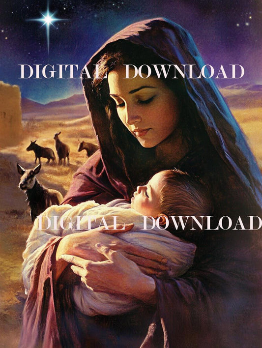 Mother Mary and Newborn Jesus Nativity Print Religious Art Digital Image image 0
