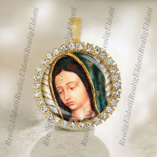 Our Lady of Guadalupe - Christian Catholic Gold Medal Pendant / Charm with Rhinestones
