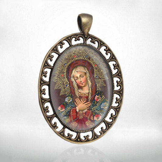 Our Blessed Virgin Mary Halo and Flowers  Catholic Medal Pendant Jewelry
