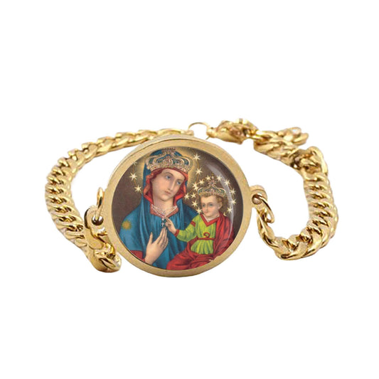 Our Lady Consolation Curb Bracelet Gold or Silver tone Religious Jewelry Simple Chain