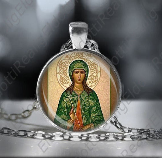 Saint Julia of Carthage Catholic Necklace Virgin Martyr Julia of Nonza Silvertone Medal Round Pendant w Chain Jewelry