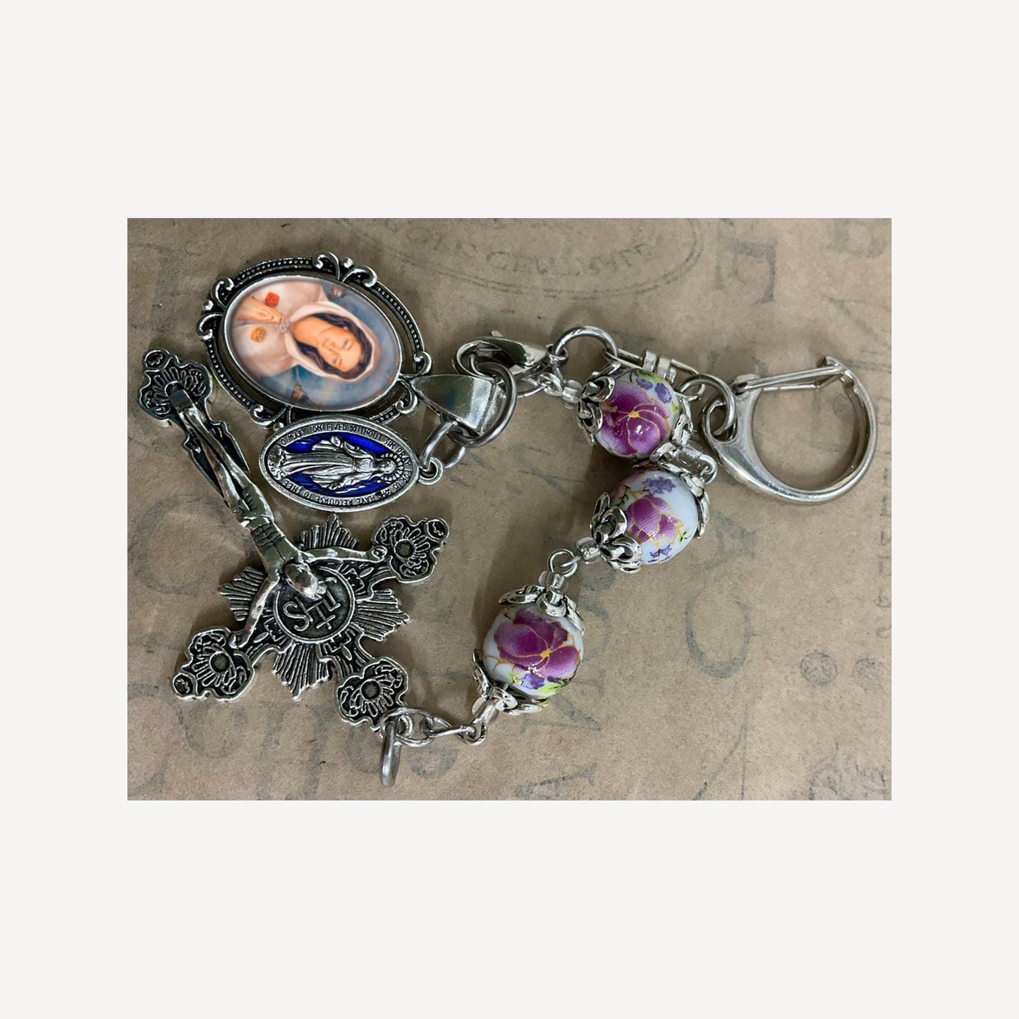 Miraculous Medal Three Hail Mary Chaplet Our Lady Rosa Mystica With Stunning Ceramic Floral beads  Devotional Medal Crucifix and Keychain