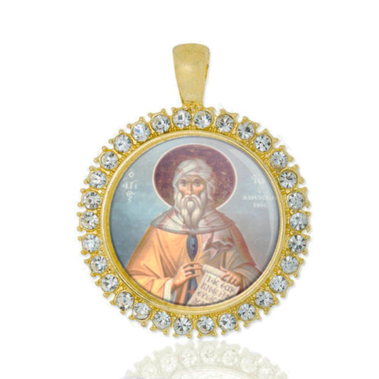 Saint John of Damascus Gold Tone with Rhinestones Religious Pendant Medal