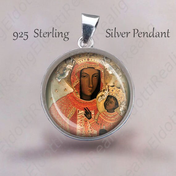 Black Madonna of Czestochowa Religious Christian Medal. Sterling Silver 925 Pendant 20mm. Virgin Mary Silver Medal For Necklace