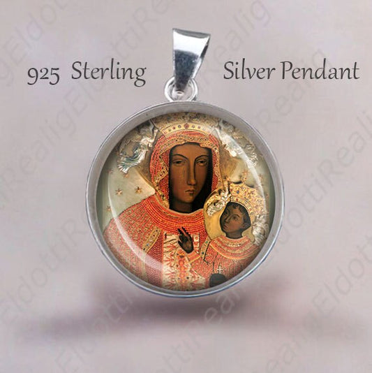 Black Madonna of Czestochowa Religious Christian Medal. Sterling Silver 925 Pendant 20mm. Virgin Mary Silver Medal For Necklace