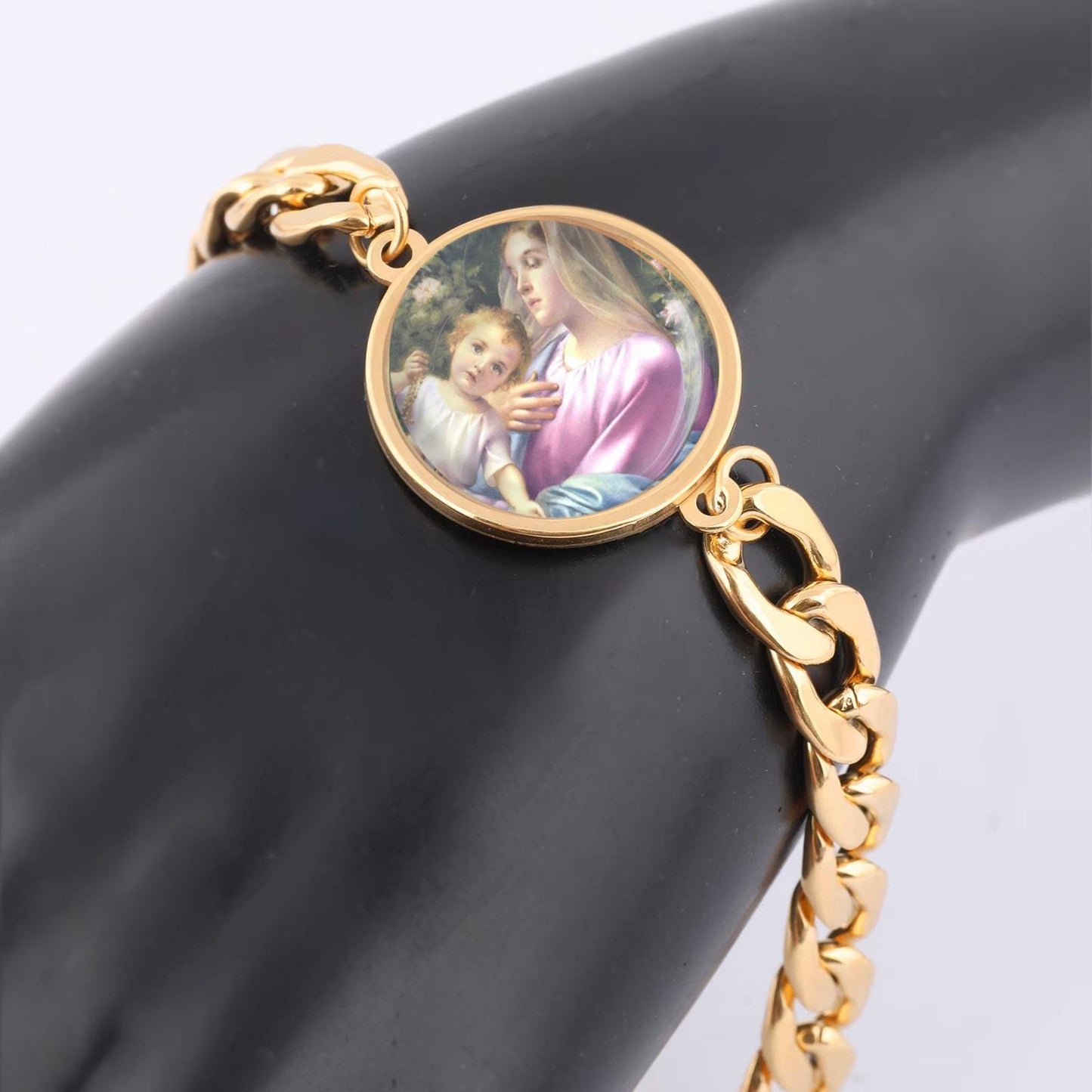Our Lady Rosary Madonna Curb Bracelet Gold or Silver tone Religious Jewelry Simple Chain