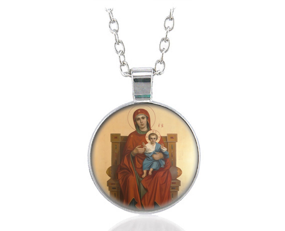 Mother of God Enthroned / Reigning Orthodox Mary Sitting on Throne w Baby Jesus Necklace Round Pendant