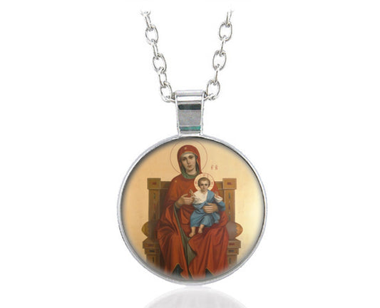 Mother of God Enthroned / Reigning Orthodox Mary Sitting on Throne w Baby Jesus Necklace Round Pendant