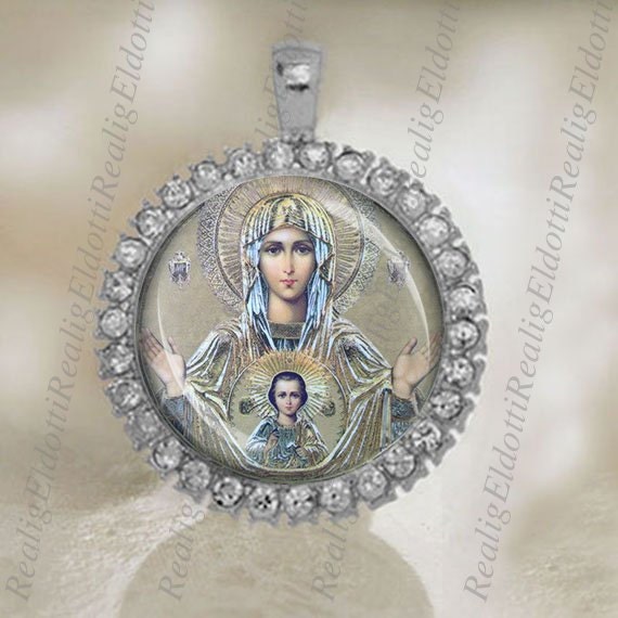 Our Lady of the Sign Virgin Mary Religious Christian Orthodox Church Icon Gold / Silver Tone Medal Pendant Jewelry