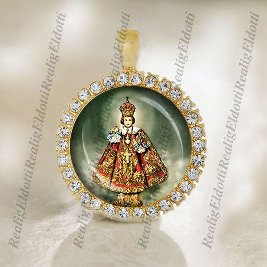 Infant Jesus of Prague - Christian Catholic Medal Pendant / Charm Gold Tone Bezel