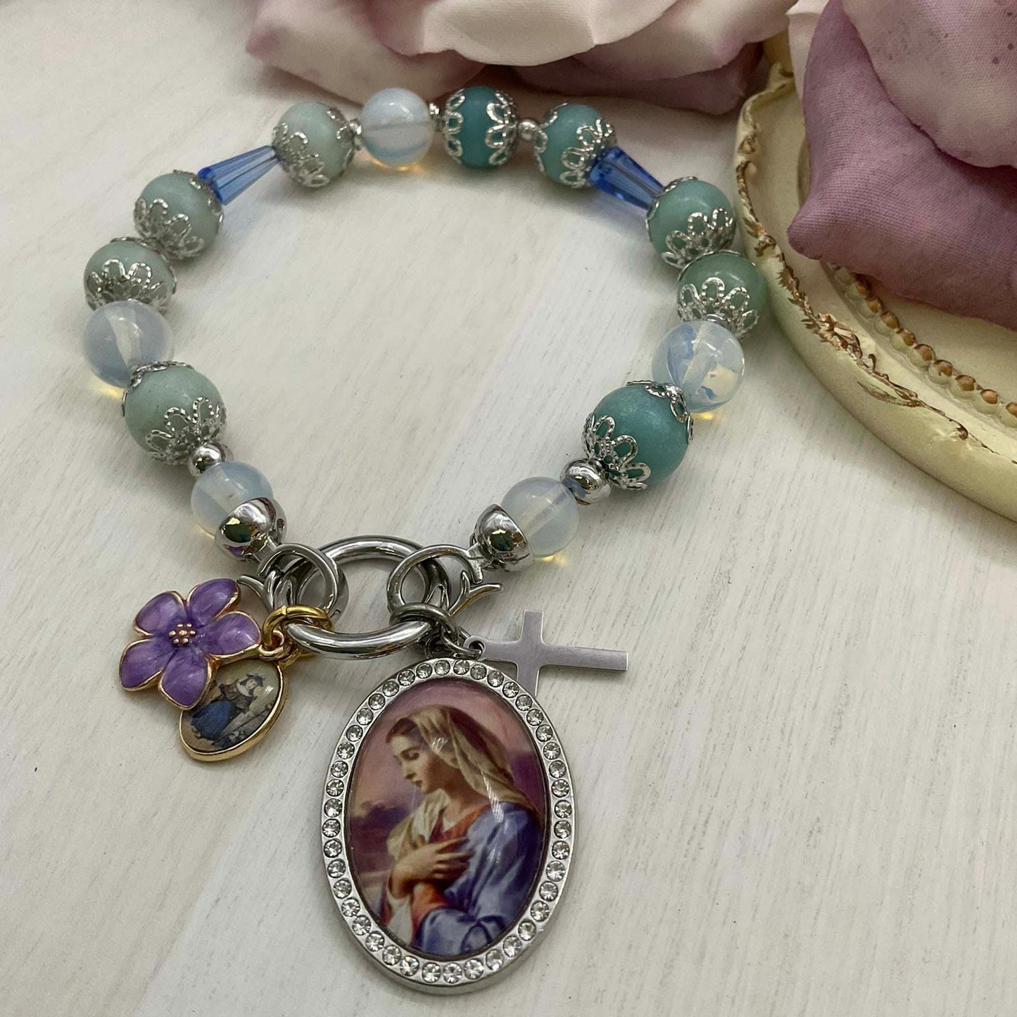 Our Lady of Mental Peace Catholic Blue Bracelet | Holy Infant of Atocha Jesus, Mary Aquamarine and Opalite Beads | Handmade Healing Jewelry
