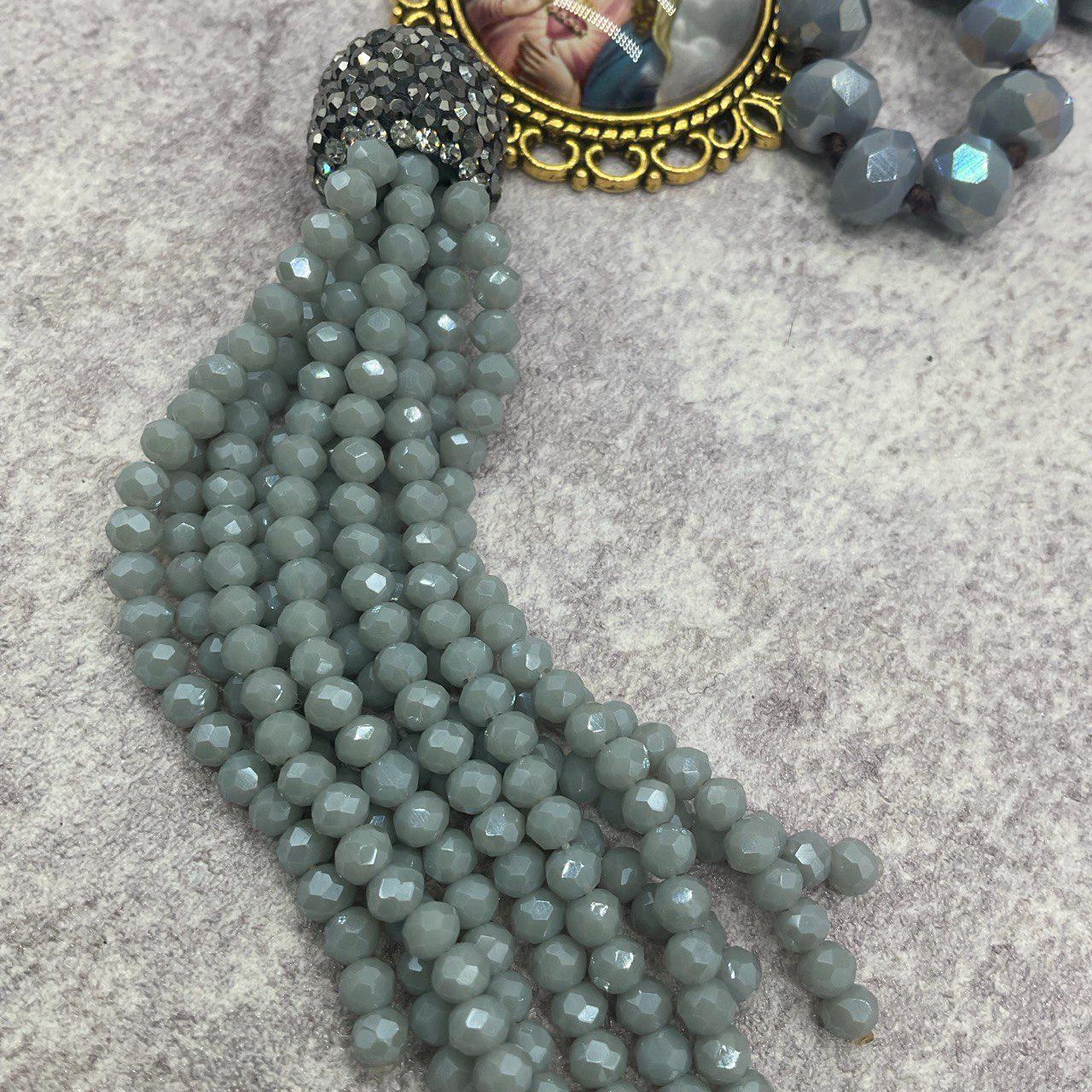 Our Lady Immaculate Heart - Purple Gray Czech Glass Beads - Long Necklace Sautoir - Virgin Mary Pendant and Tassel