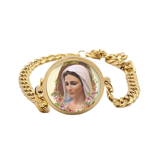 Our Lady Medjugorje Mary Curb Bracelet Gold or Silver tone Religious Jewelry Simple Chain