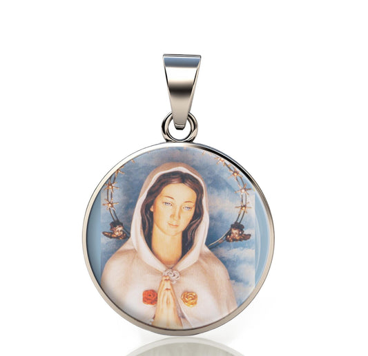 Our Lady Rosa Mystica Catholic Mary 925 Sterling Silver Round Pendant Christian Religious Medal Small 20mm
