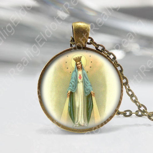 Our Lady of the Miraculous Medal Necklace Catholic Religious Pendant Bronze Virgin Mary Jewelry