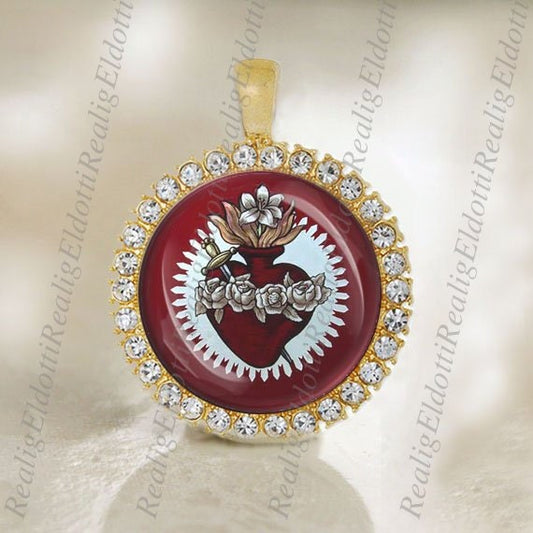 Immaculate Heart of Blessed Mother Mary Catholic Gold Tone Medal Pendant