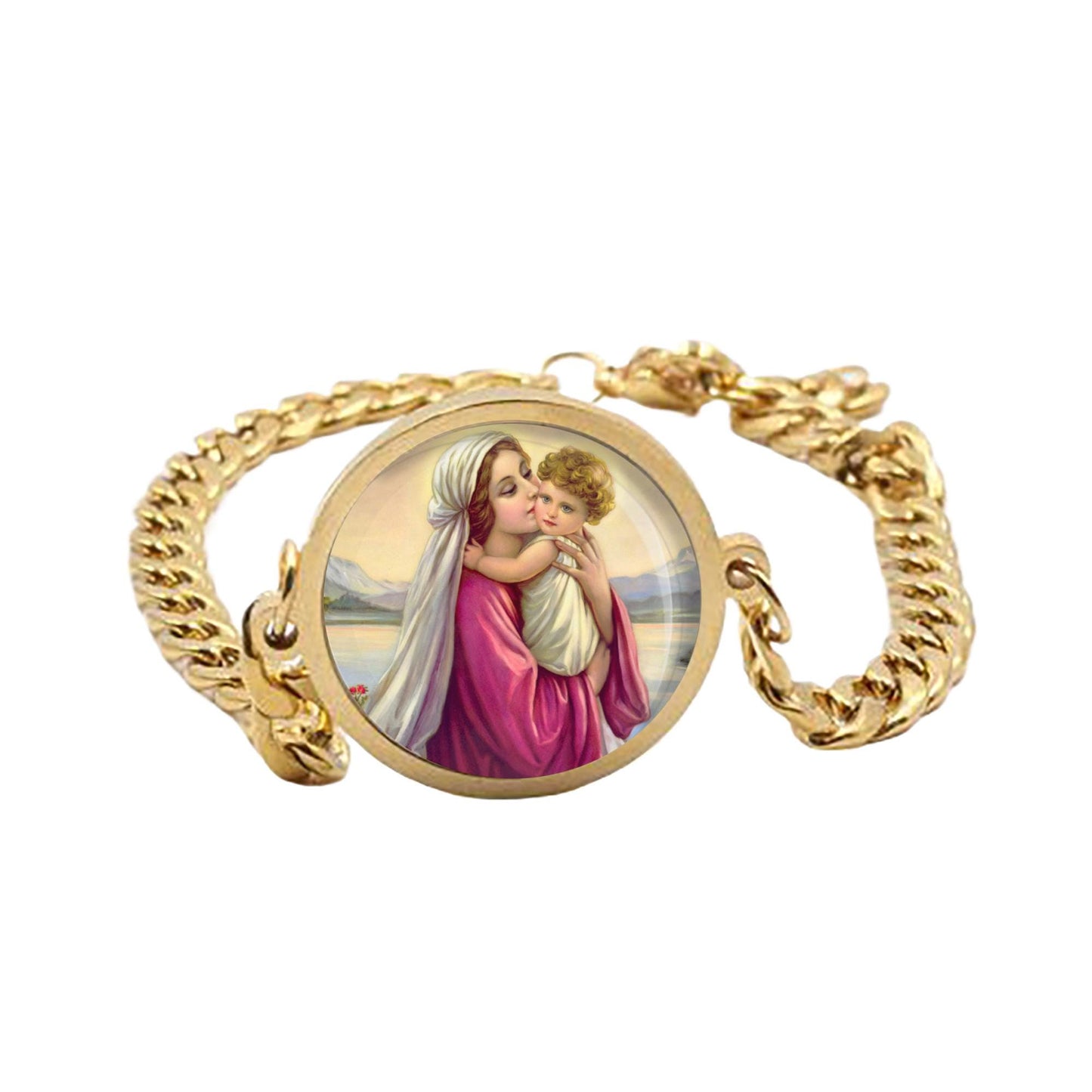 Our Lady Mary with Child Jesus Curb Bracelet Gold or Silver tone Religious Jewelry Simple Chain