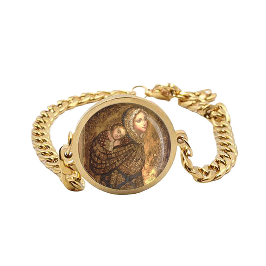 Our Lady Babywearing, Mother And Child Curb Bracelet Gold or Silver tone Religious Jewelry Simple Chain