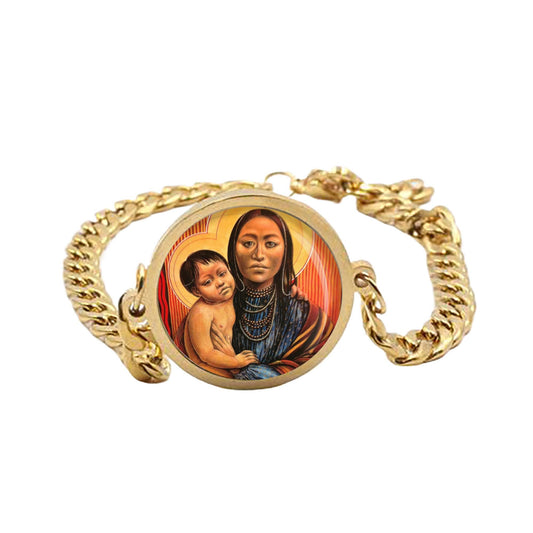 Our Lady Native American Madonna Curb Bracelet Gold or Silver tone Religious Jewelry Simple Chain