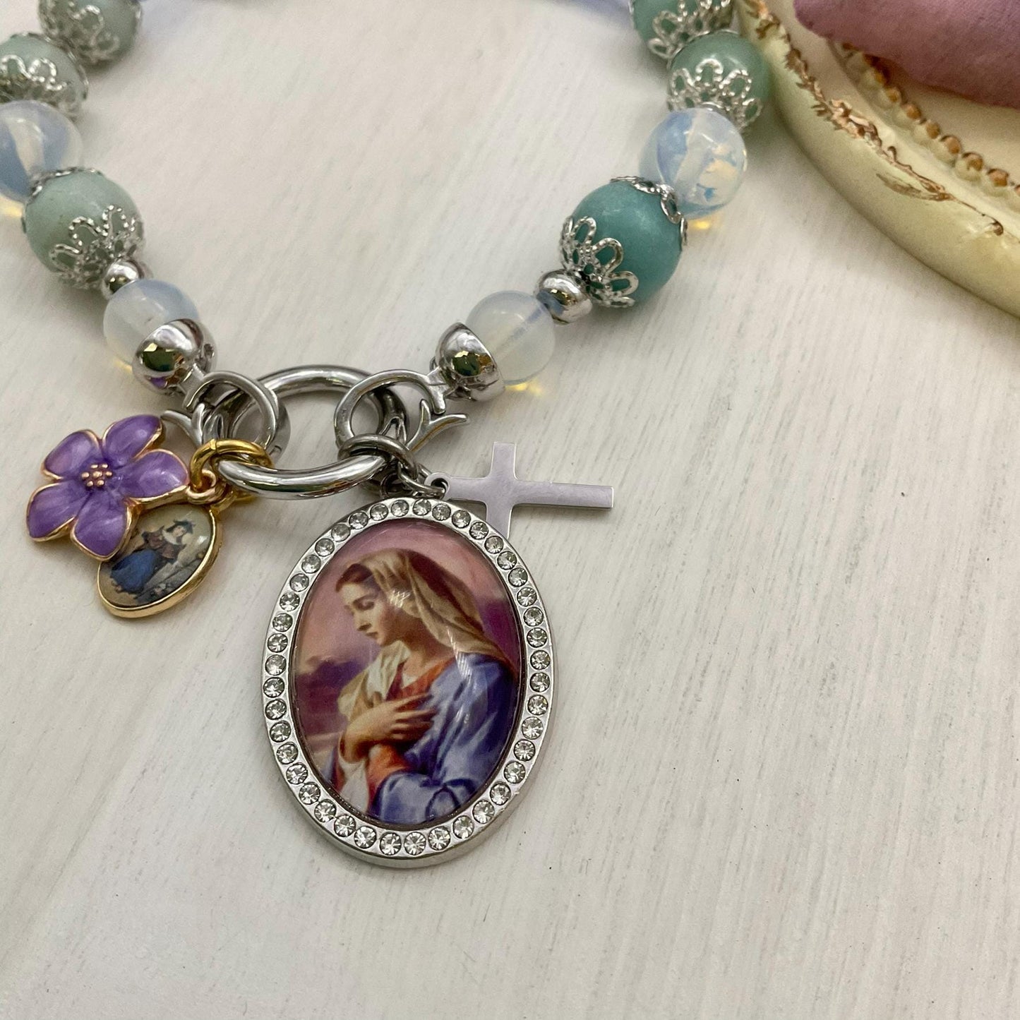 Our Lady of Mental Peace Catholic Blue Bracelet | Holy Infant of Atocha Jesus, Mary Aquamarine and Opalite Beads | Handmade Healing Jewelry