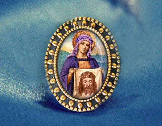 St Veronica and The Holy Face Jesus Brooch Catholic Broach Antique Gold Pin