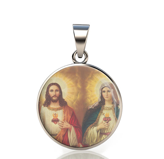 Our Lady Immaculate And Sacred Heart Jesus 925 Sterling Silver I Round Pendant Christian Religious Medal Small 20mm