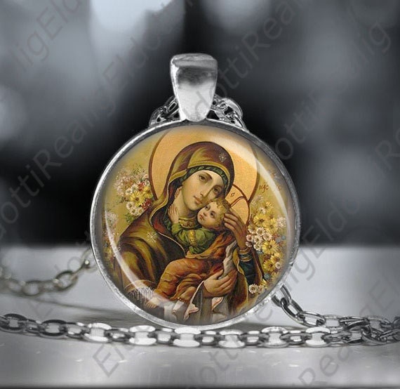 Theotokos Madonna Mother Mary holding Baby Jesus Necklace Orthodox Icon Medal Silvertone Pendant w Chain