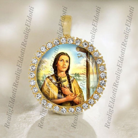 St. Kateri Tekakwitha Catholic Christian Gold Tone Medal Pendant Patron Saint Religious Jewelry