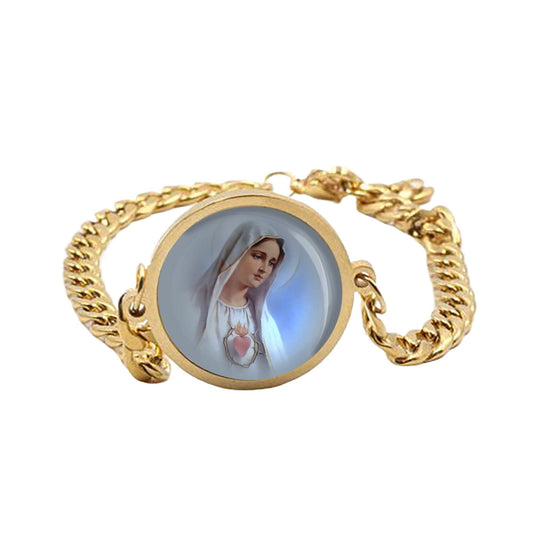 Our Lady Fatima Blue Curb Bracelet Gold or Silver tone Religious Jewelry Simple Chain