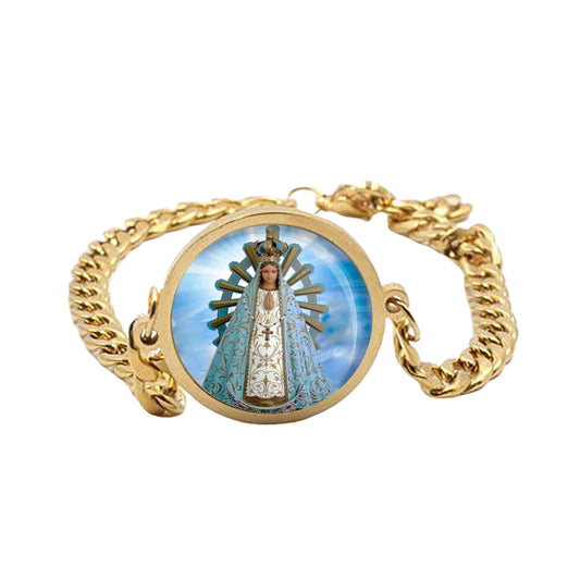 Our Lady Lujan Mary Curb Bracelet Gold or Silver tone Religious Jewelry Simple Chain