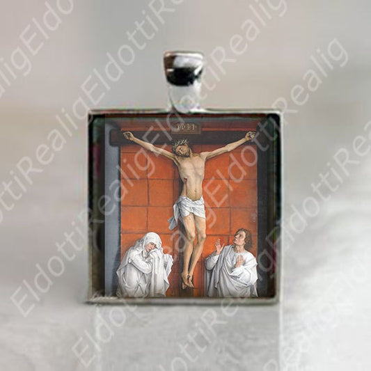 Jesus Christ on the Cross with Virgin Mary and St. John Catholic Medal. Religious Christian Pendant. Crucifixion Silver Tone Medal