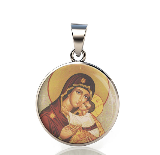 Our Lady Theotokos Mother Of God Orthodox Icon 925 Sterling Silver Round Pendant Christian Religious Medal Small 20mm