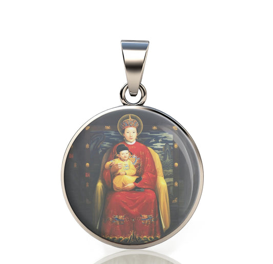 Our Lady China In Ming 925 Sterling Silver Round Pendant Christian Religious Medal Small 20mm