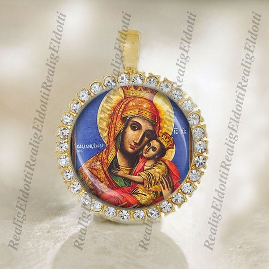 Theotokos Moher Mary Icon Religious Christian Gold Medal Cabochon