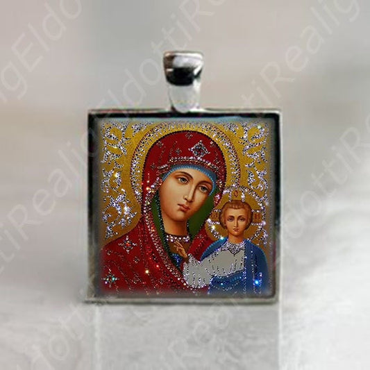 Orthodox Icon Mother Mary in Red and Baby Jesus in Blue Square Medal Silvertone Pendant Christian Religious Jewelry
