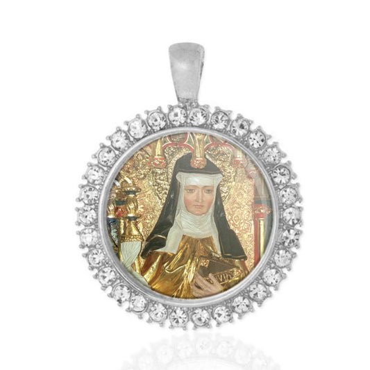 St. Hildegard of Bingen Catholic Silver Tone Medal Pendant with Rhinestones